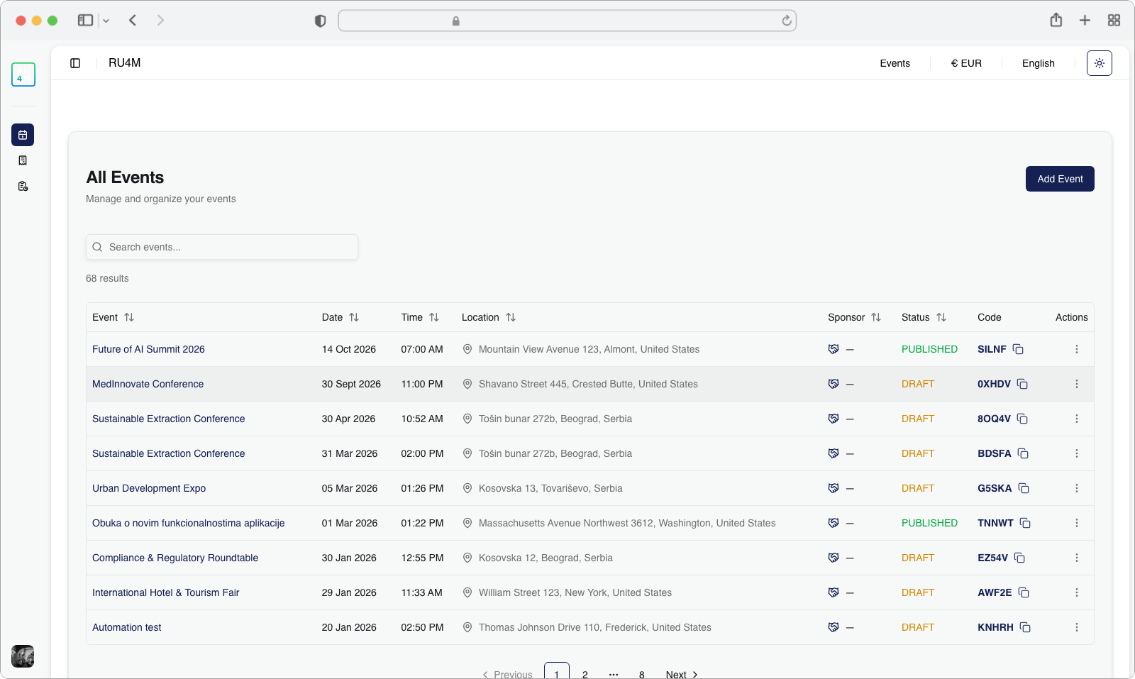 The main Dashboard page with sidebar and events table