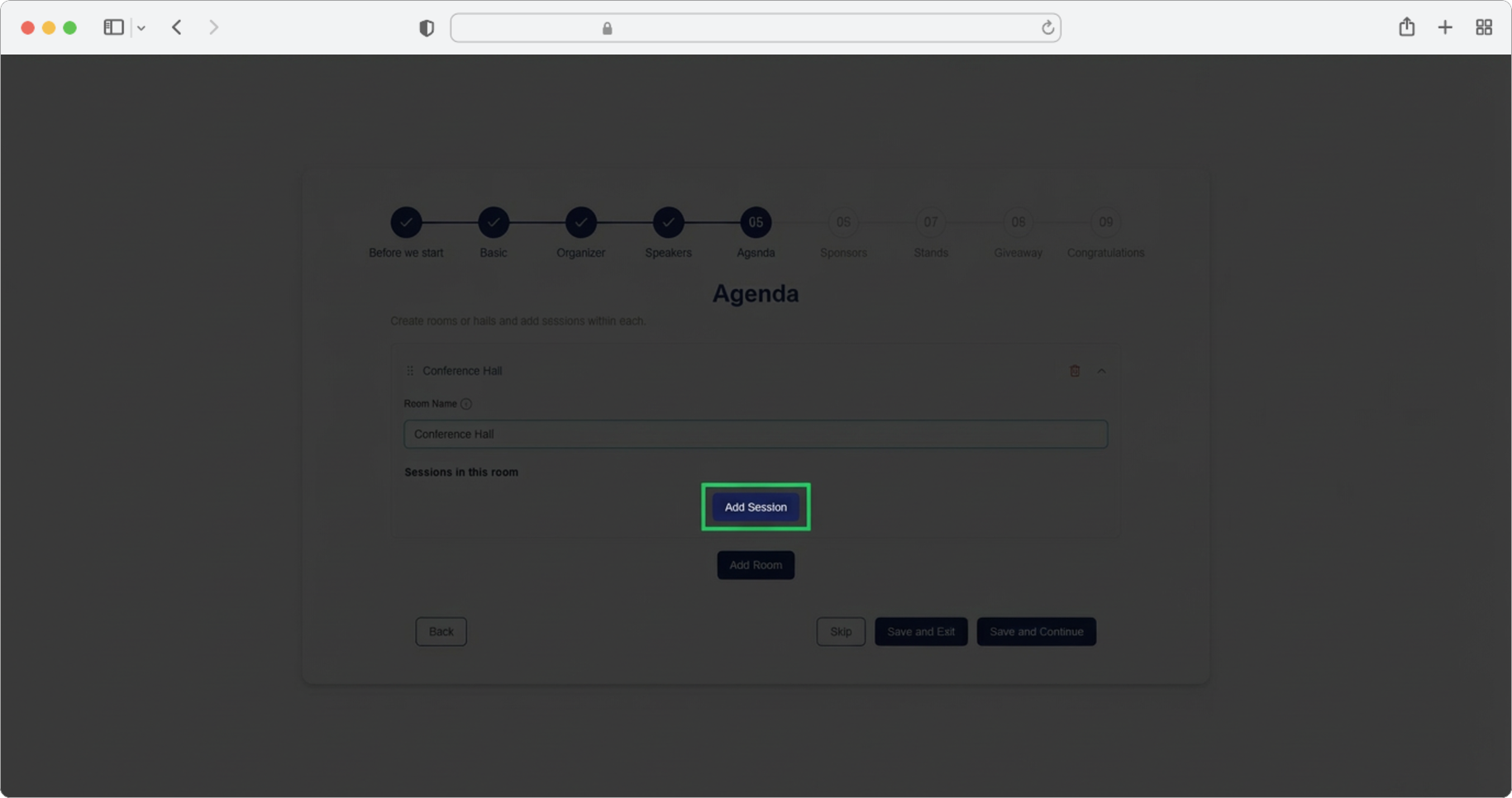 Click "Add Session" to add a session to this room