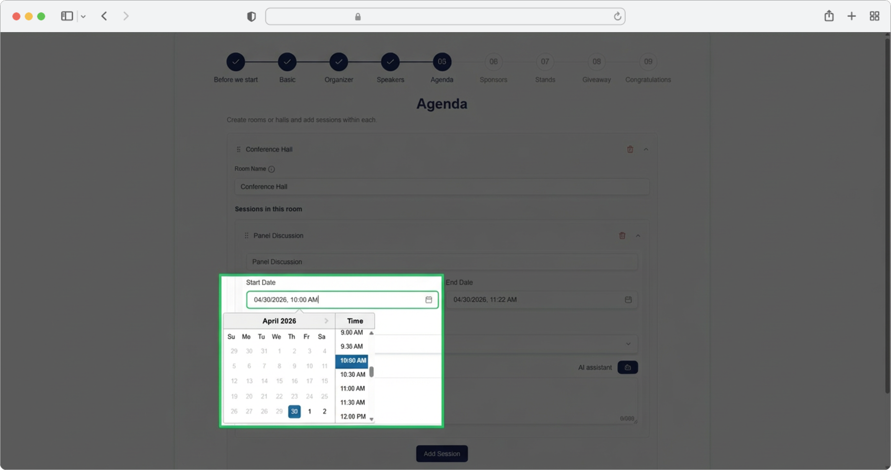 Select the session start date and time