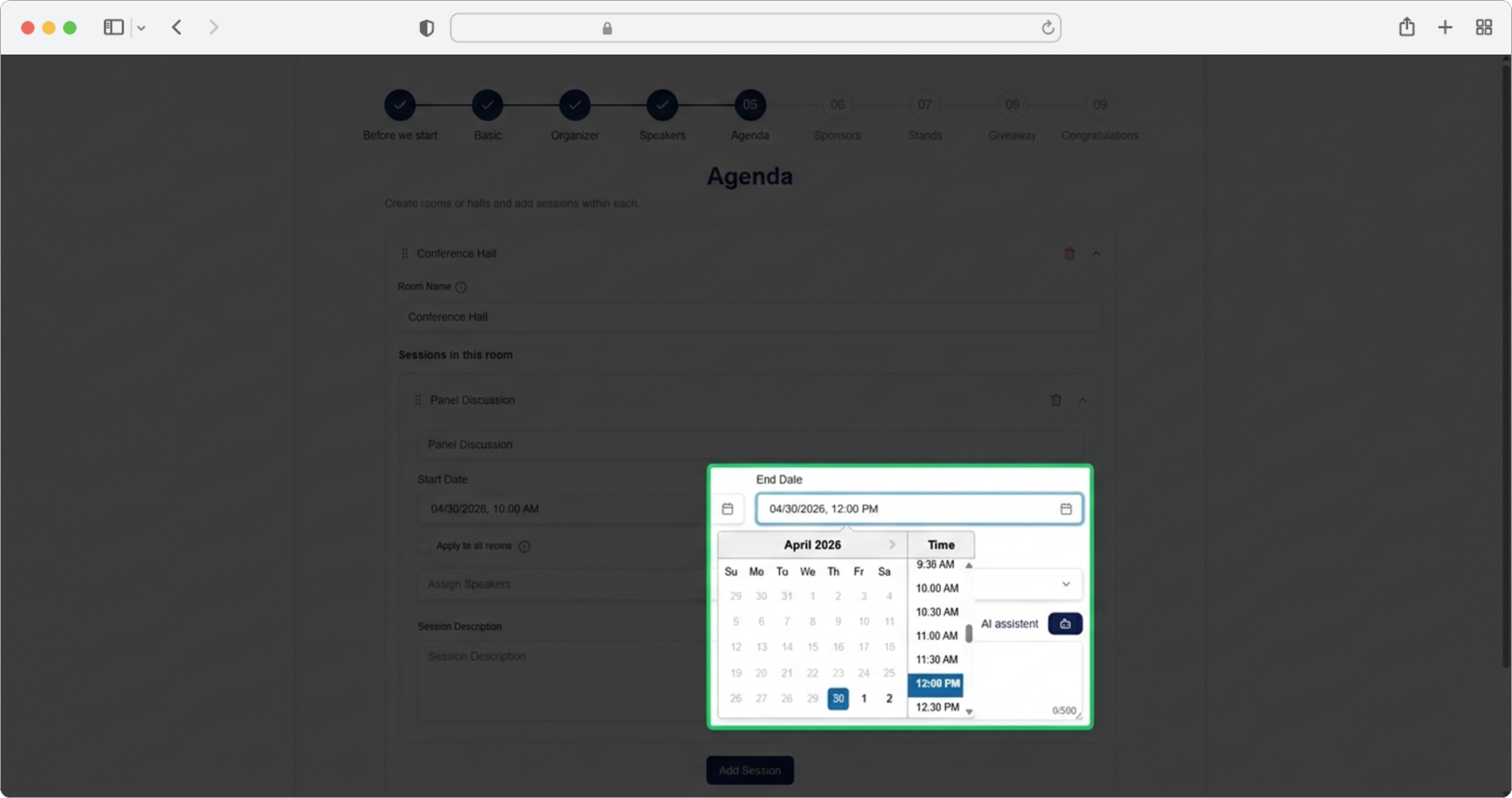 Select the session end date and time
