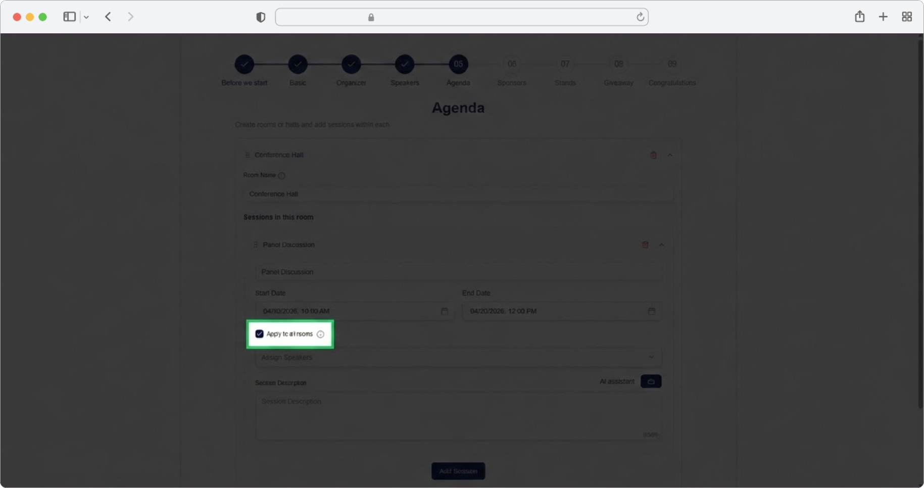 Check "Apply to all rooms" if this session should appear in every room
