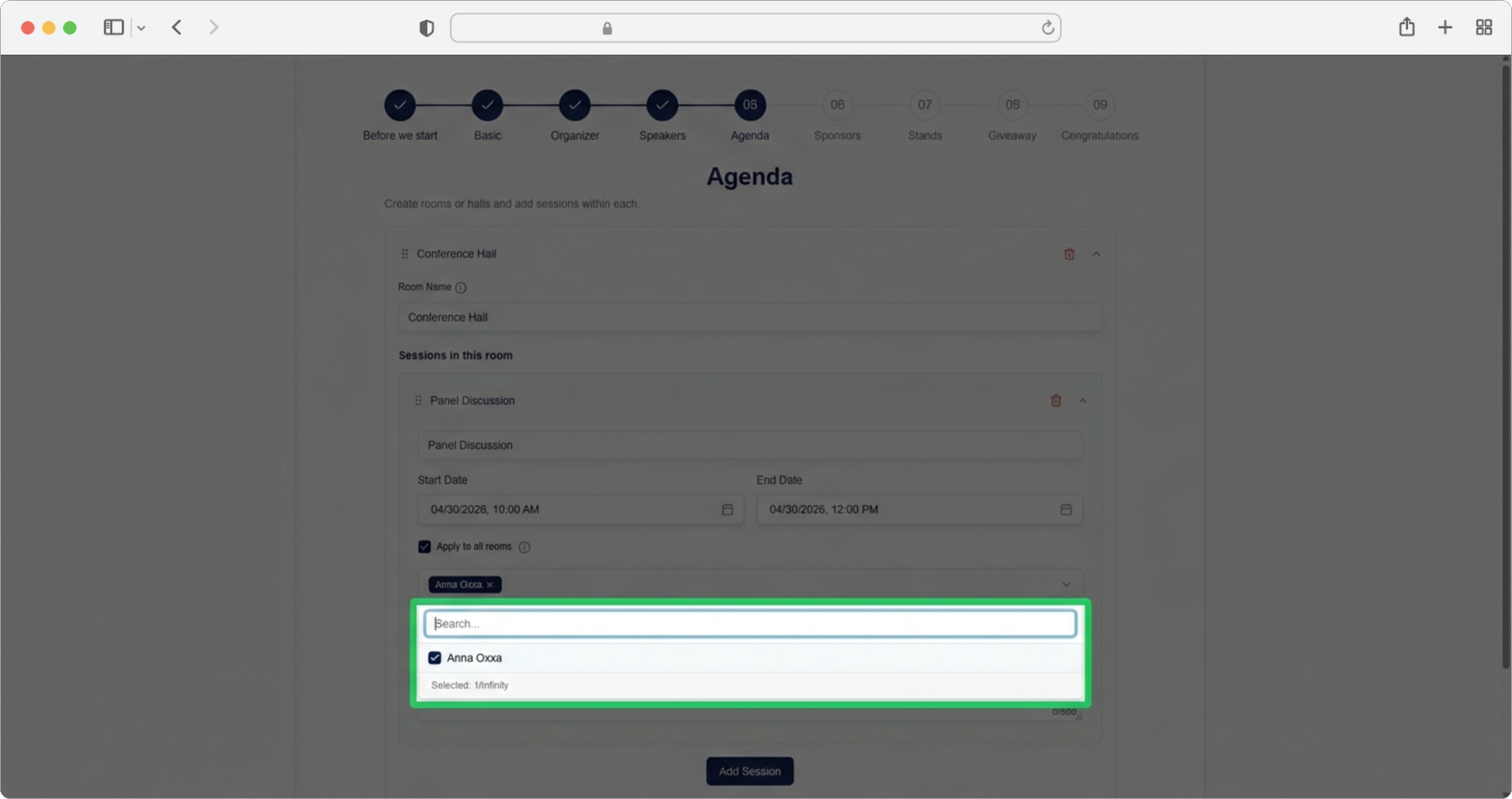 Click the "Assign speakers" field and select speakers from the dropdown
