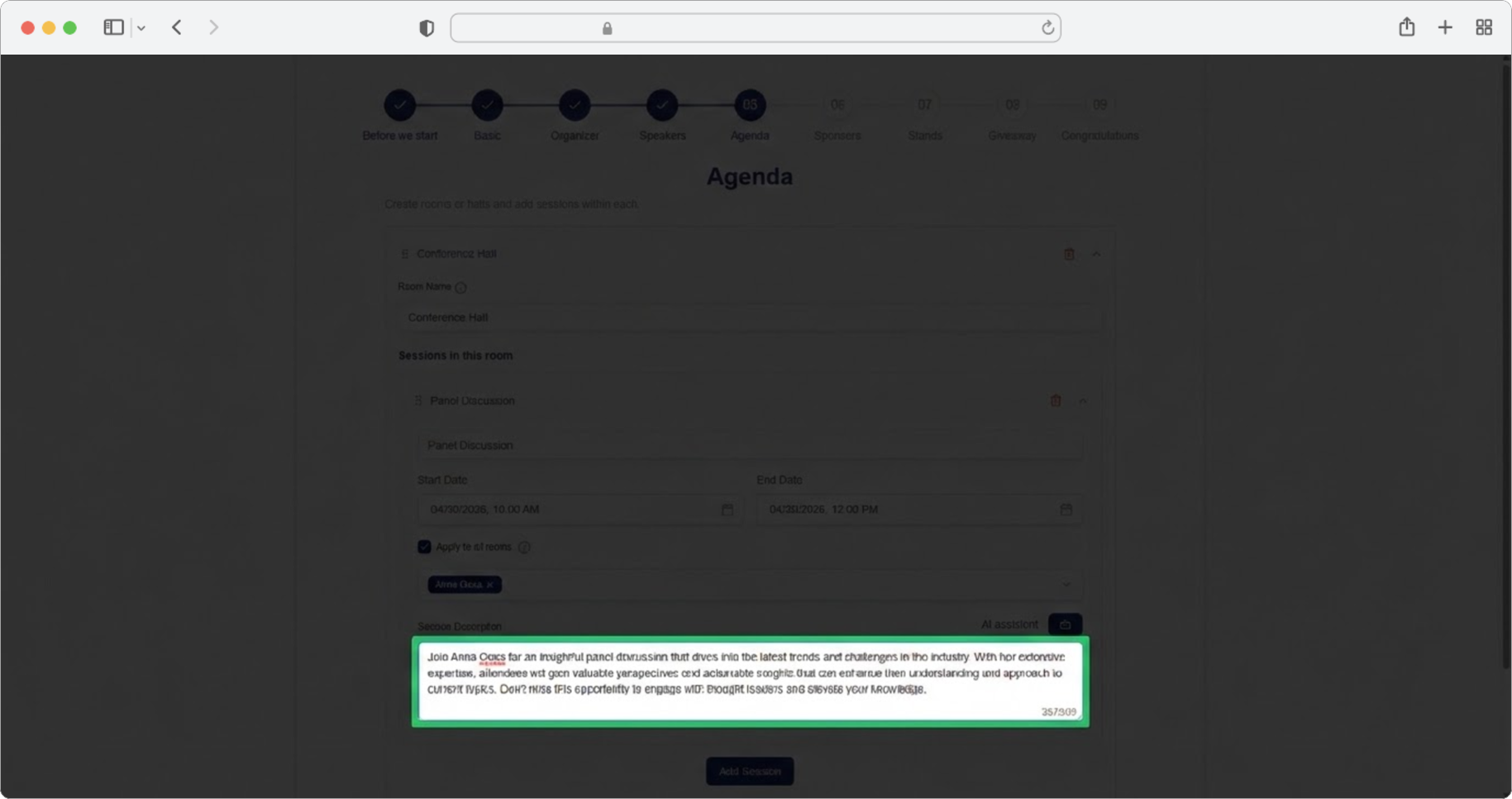 Enter a session description or use the AI assistant to generate one