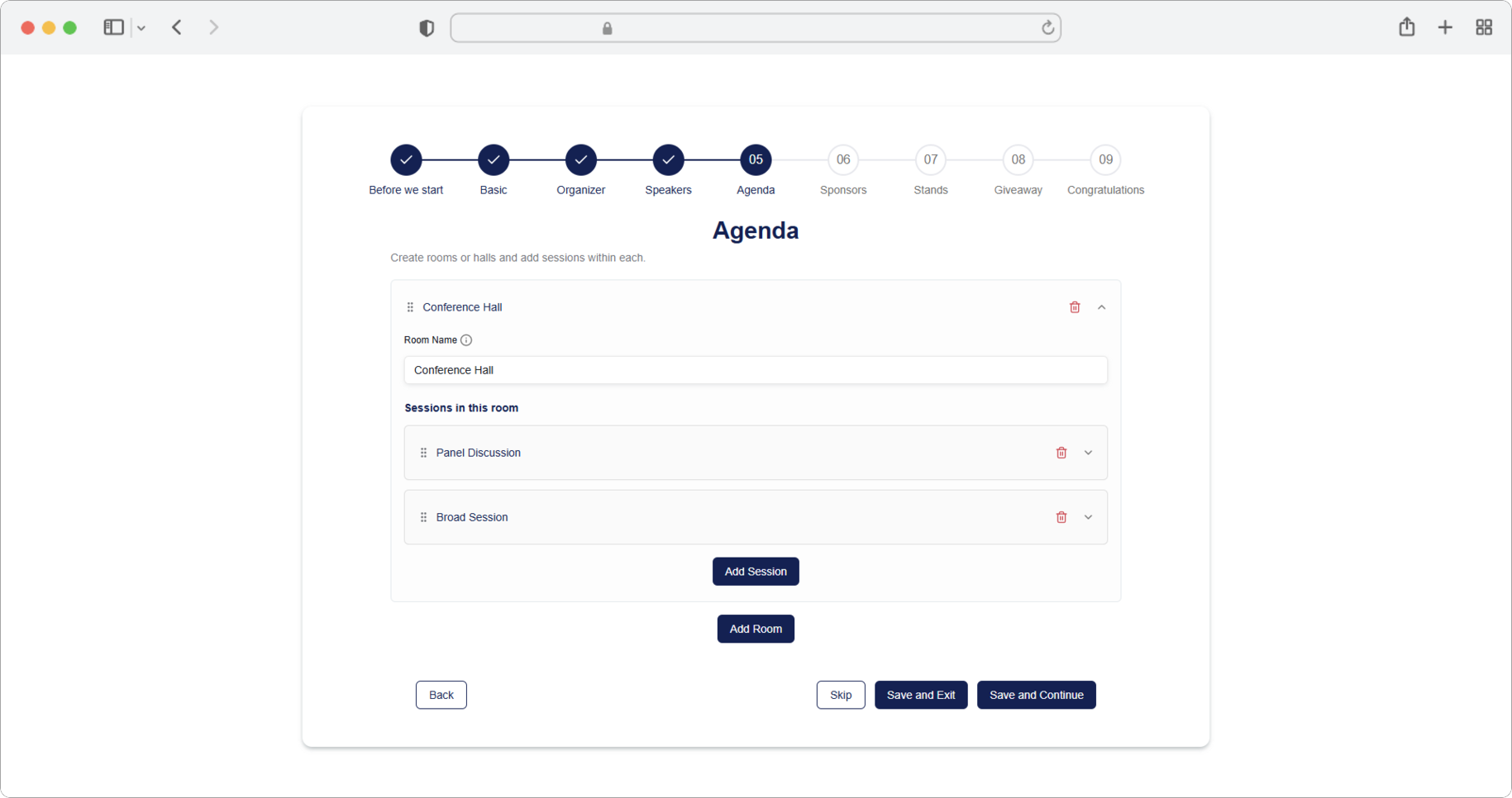 Manage sessions and rooms — reorder with drag and drop, delete with the trash icon