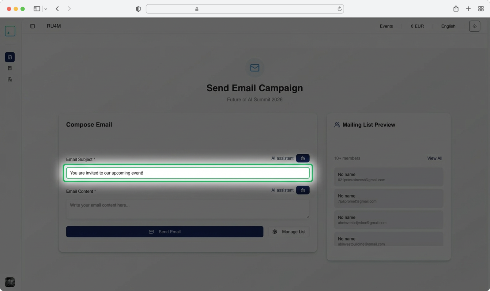 Click the AI icon next to the email subject field to generate a subject line